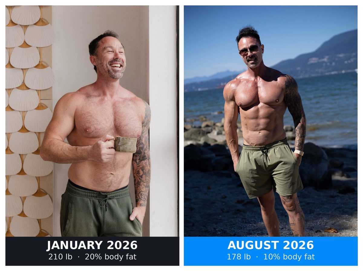 Side-by-side photos of David Turnbull. Left, January 2026: 210 lb, 20% body fat, laughing and holding a mug. Right, August 2026: 178 lb, 10% body fat, standing on a Vancouver beach.